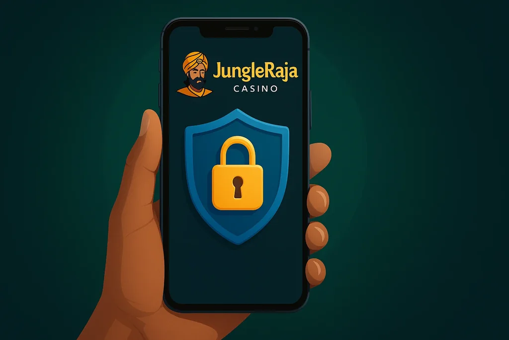 A smartphone showing secure login and privacy protection for JungleRaja mobile play in India